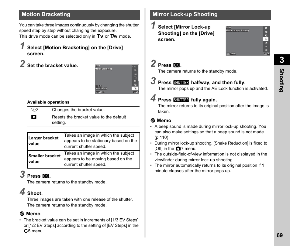 Motion bracketing, Mirror lock-up shooting, Motion bracketing mirror lock-up shooting | S. (p.69, P.69 | Pentax K-3 Mark III DSLR Camera (Black) User Manual | Page 71 / 148