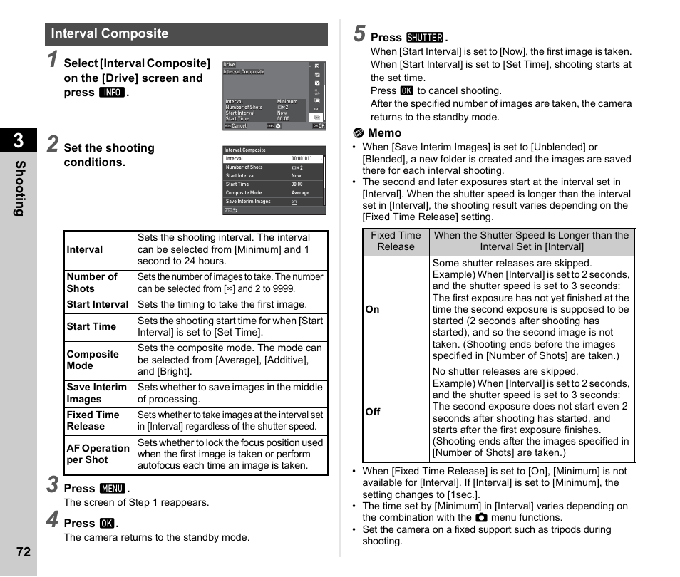 Interval composite, P.72), P.72 | Shoo ting 72 | Pentax K-3 Mark III DSLR Camera (Black) User Manual | Page 74 / 148