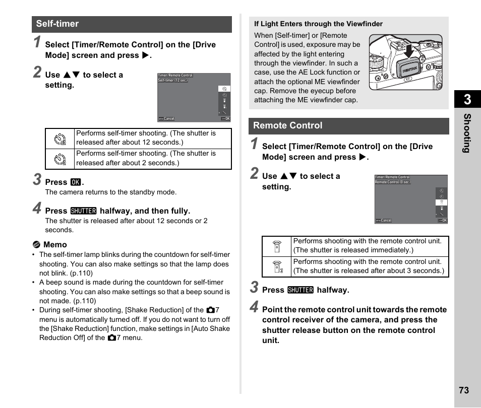 Self-timer, Remote control, Self-timer remote control | P.73), P.73, P.73 for | Pentax K-3 Mark III DSLR Camera (Black) User Manual | Page 75 / 148