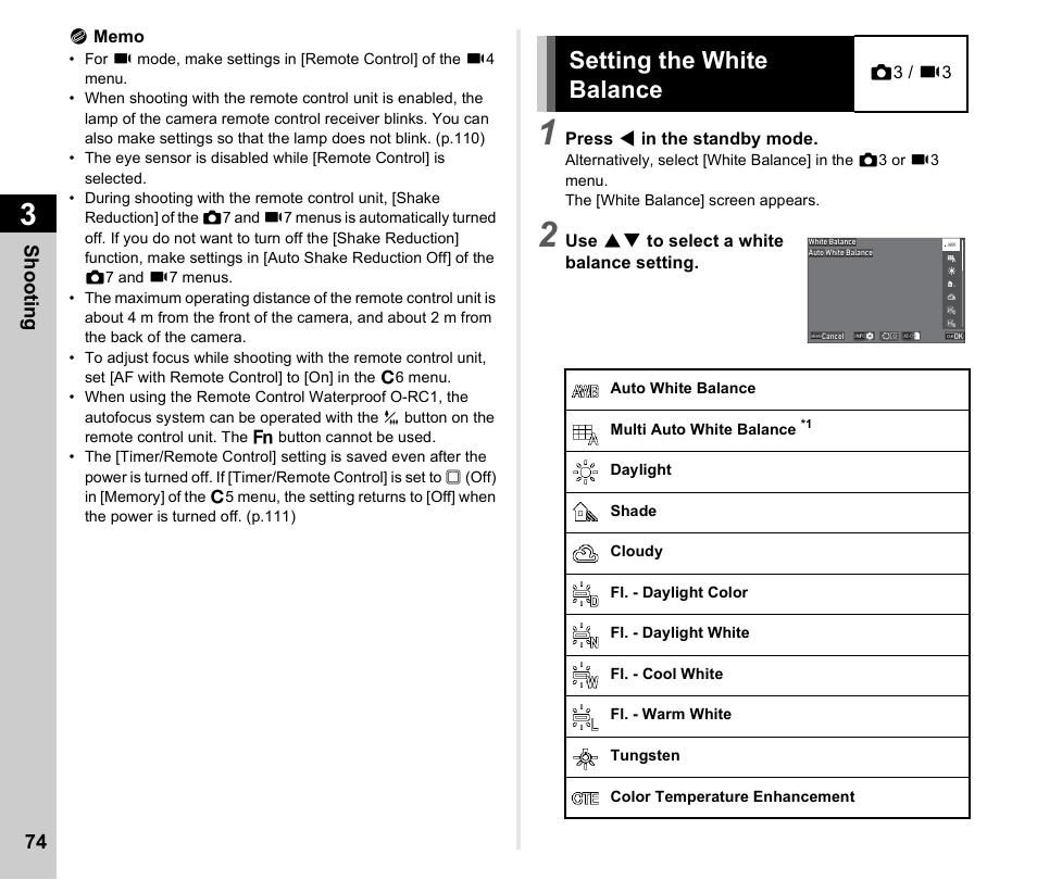 Setting the white balance, P.74, P.74) | Shoo ting 74 | Pentax K-3 Mark III DSLR Camera (Black) User Manual | Page 76 / 148