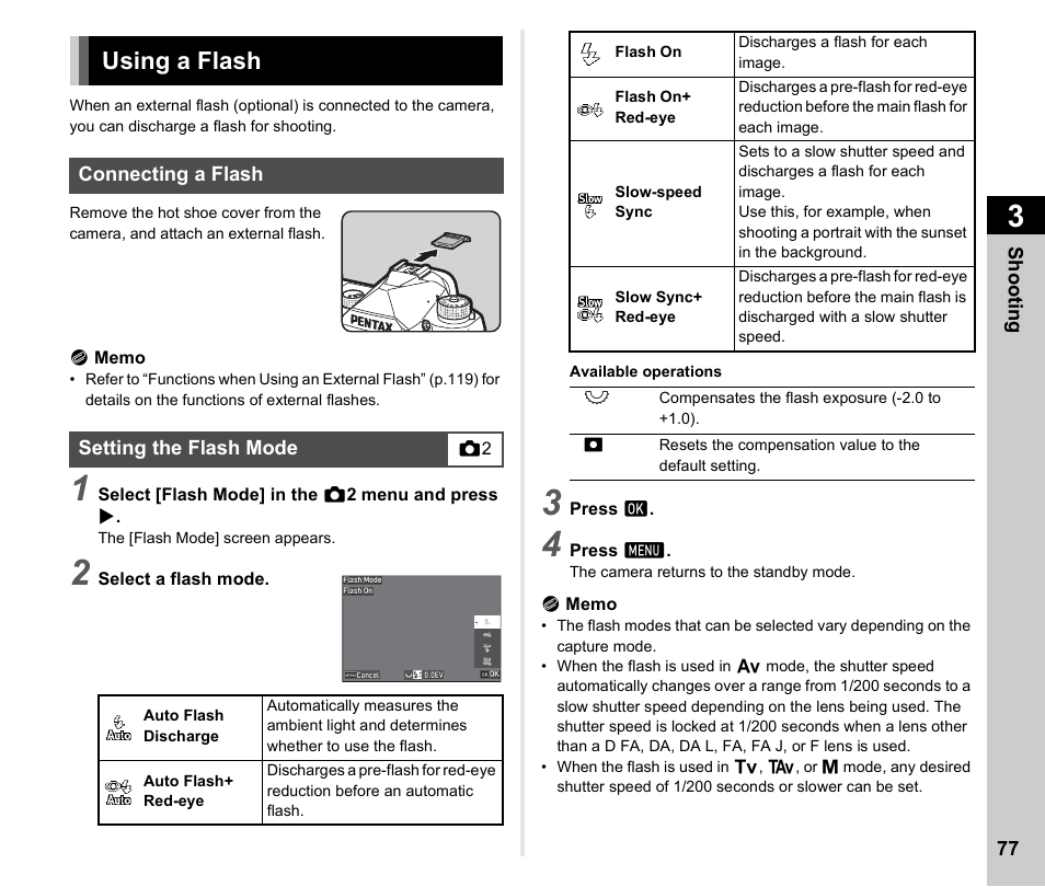 Using a flash, Connecting a flash, Setting the flash mode | Connecting a flash setting the flash mode, P.77), P.77 | Pentax K-3 Mark III DSLR Camera (Black) User Manual | Page 79 / 148