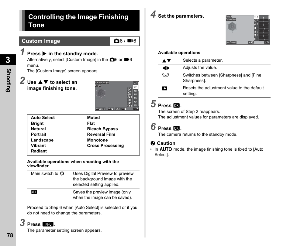 Controlling the image finishing tone, Custom image, Controlling the image finishing tone .......p.78 | P.78), P.78, Shoo ting 78 | Pentax K-3 Mark III DSLR Camera (Black) User Manual | Page 80 / 148