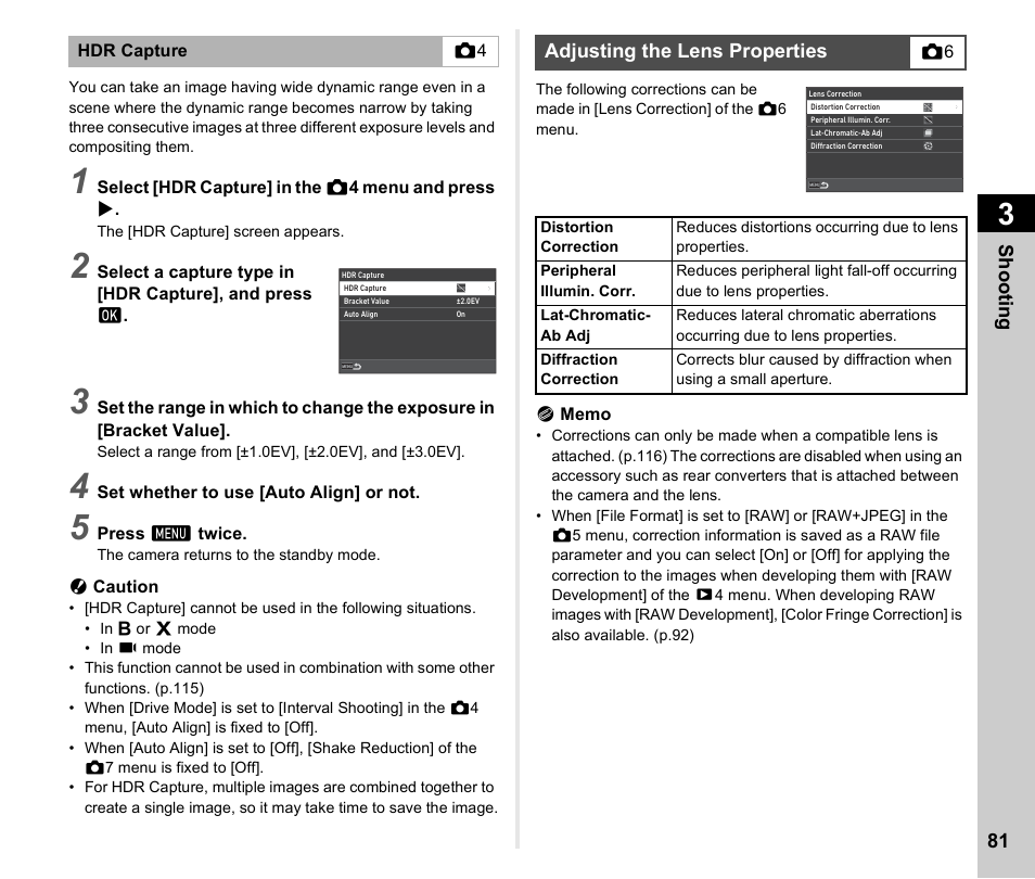 Adjusting the lens properties, P.81)/p, P.81) | P.81 | Pentax K-3 Mark III DSLR Camera (Black) User Manual | Page 83 / 148