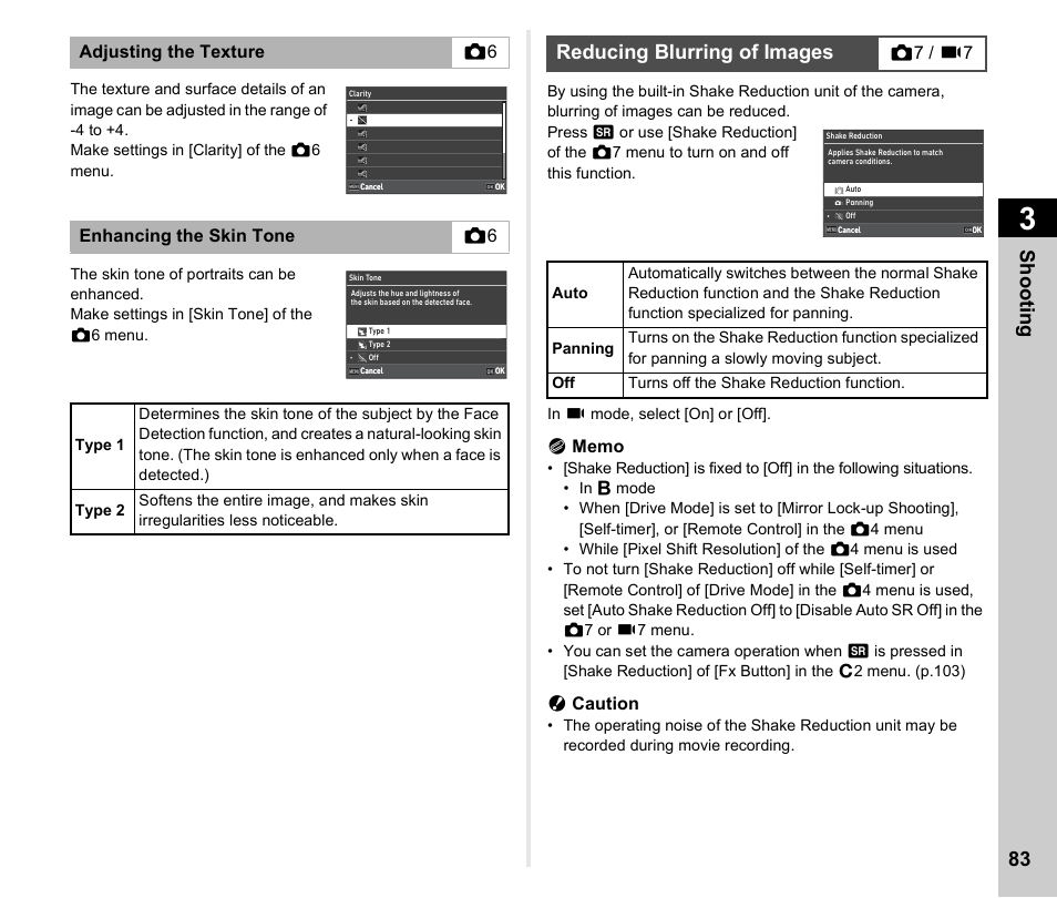 Reducing blurring of images, P.83), P.83)/s | P.83, Shoo ting 83 | Pentax K-3 Mark III DSLR Camera (Black) User Manual | Page 85 / 148