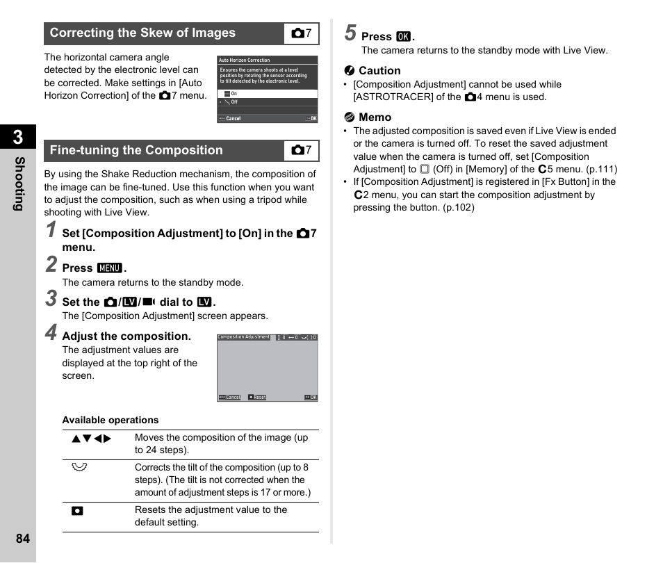 Correcting the skew of images, Fine-tuning the composition, P.84) | P.84, Shoo ting 84 | Pentax K-3 Mark III DSLR Camera (Black) User Manual | Page 86 / 148