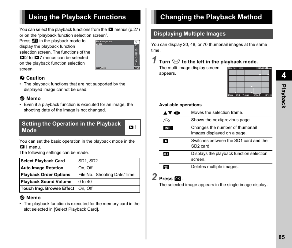 Playback functions, Using the playback functions, Setting the operation in the playback mode | Changing the playback method, Displaying multiple images, Playback, Changing the playback method .................p.85, P.85, N. (p.85), P.85) | Pentax K-3 Mark III DSLR Camera (Black) User Manual | Page 87 / 148