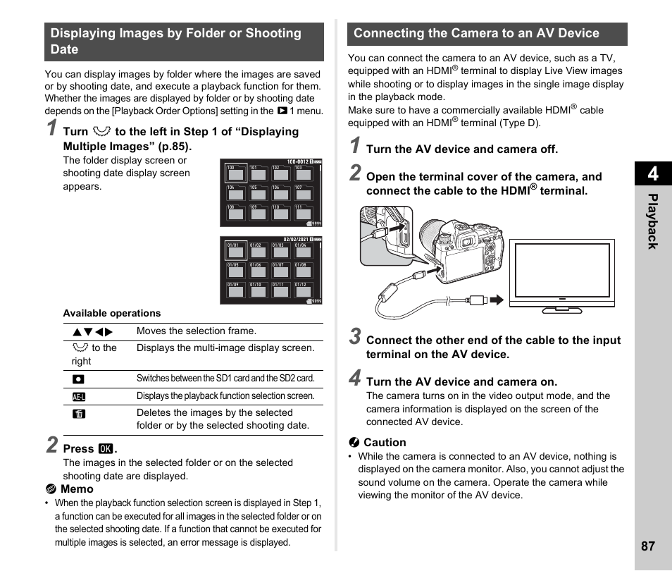 Displaying images by folder or shooting date, Connecting the camera to an av device, Pla y ba ck 87 | Pentax K-3 Mark III DSLR Camera (Black) User Manual | Page 89 / 148
