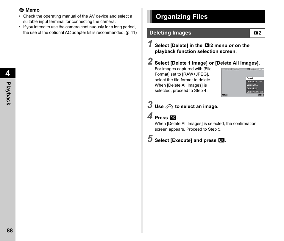 Organizing files, Deleting images, P.88 | P.88) | Pentax K-3 Mark III DSLR Camera (Black) User Manual | Page 90 / 148