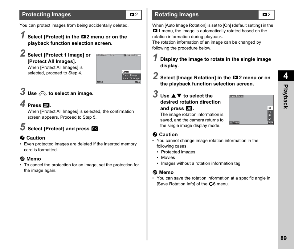 Protecting images, Rotating images, Protecting images rotating images | P.89), P.89 | Pentax K-3 Mark III DSLR Camera (Black) User Manual | Page 91 / 148