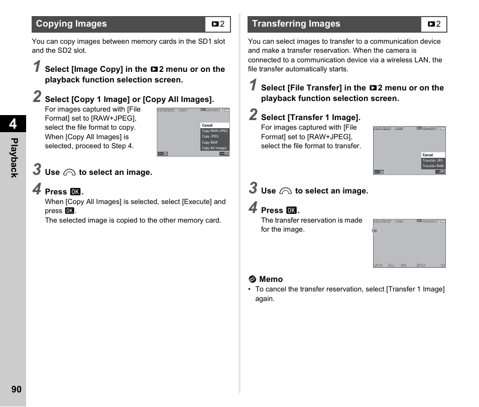 Copying images, Transferring images, Copying images transferring images | P.90), P.90, Pla y ba ck 90 | Pentax K-3 Mark III DSLR Camera (Black) User Manual | Page 92 / 148