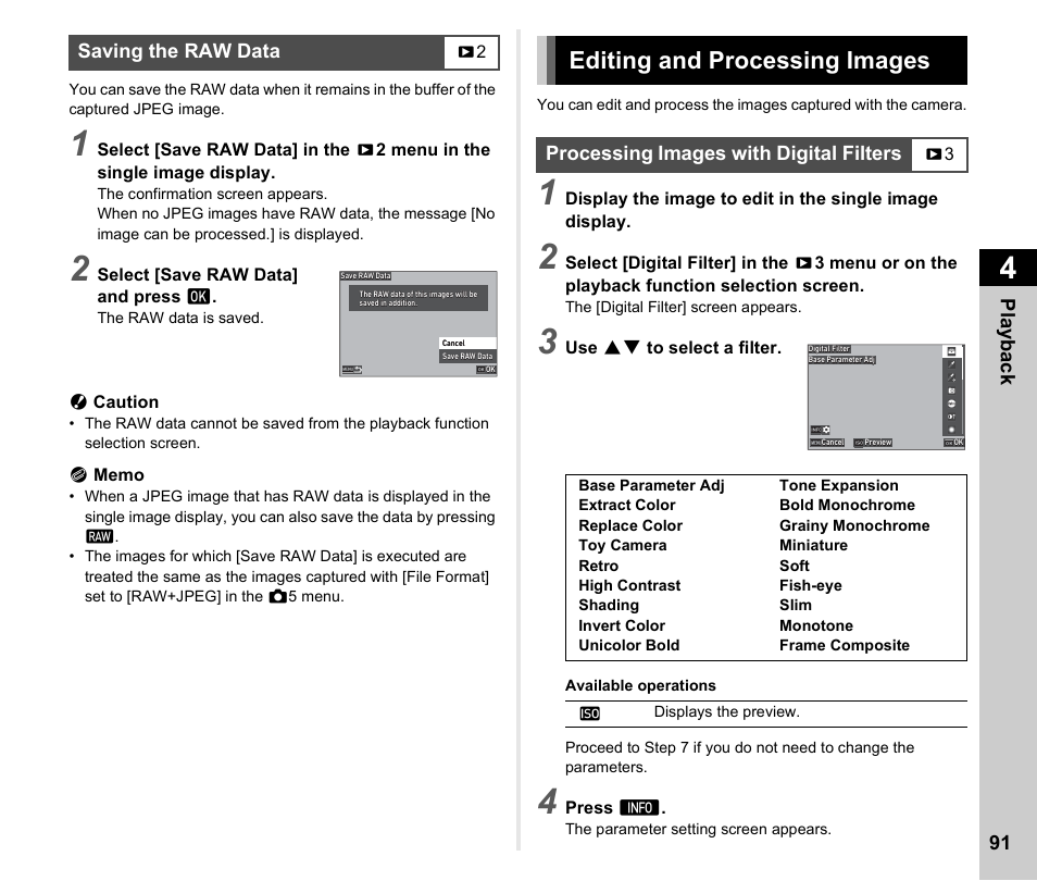 Saving the raw data, Editing and processing images, Processing images with digital filters | P.91 | Pentax K-3 Mark III DSLR Camera (Black) User Manual | Page 93 / 148