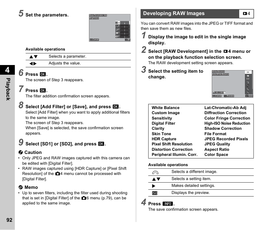 Developing raw images, P.92), P.92 | Pentax K-3 Mark III DSLR Camera (Black) User Manual | Page 94 / 148