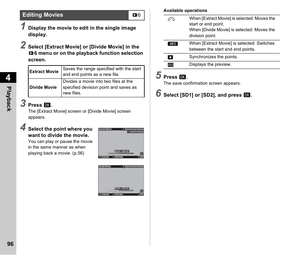 Editing movies, P.96, Pla y ba ck 96 | Pentax K-3 Mark III DSLR Camera (Black) User Manual | Page 98 / 148