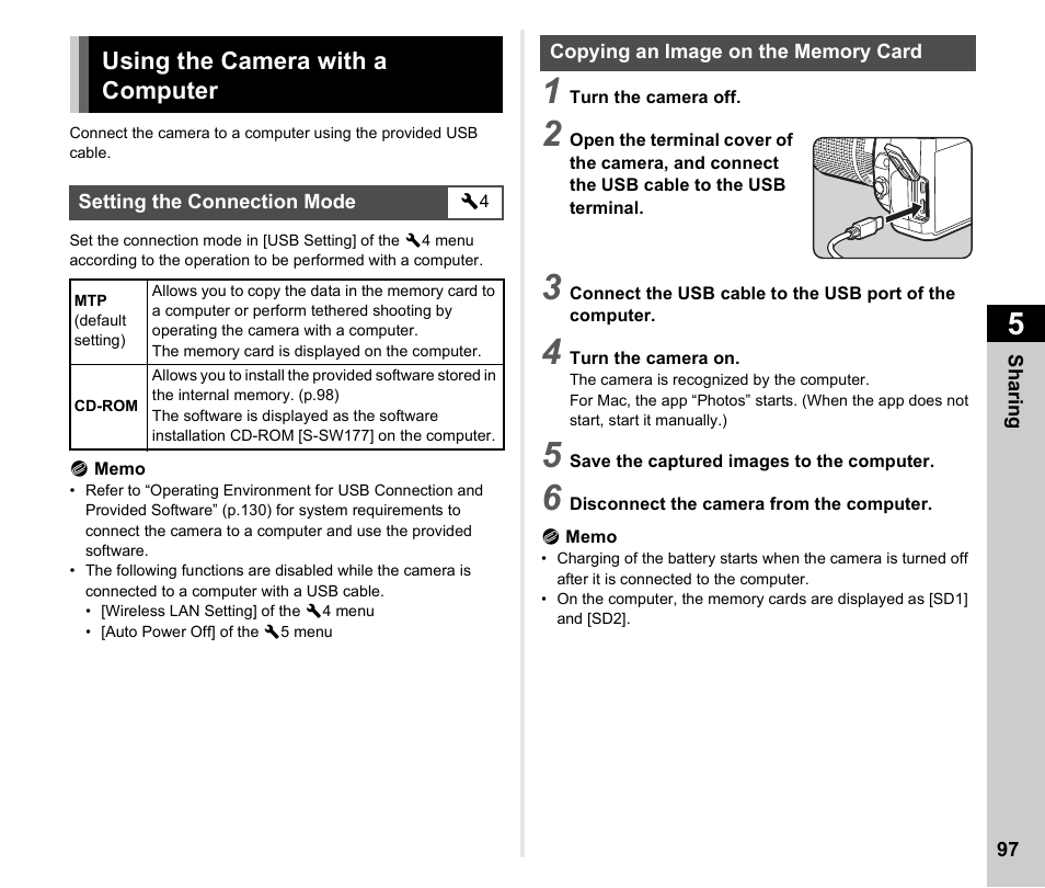 Sharing images, Using the camera with a computer, Setting the connection mode | Copying an image on the memory card, Sharing, Using the camera with a computer ...........p.97, P.97 | Pentax K-3 Mark III DSLR Camera (Black) User Manual | Page 99 / 148