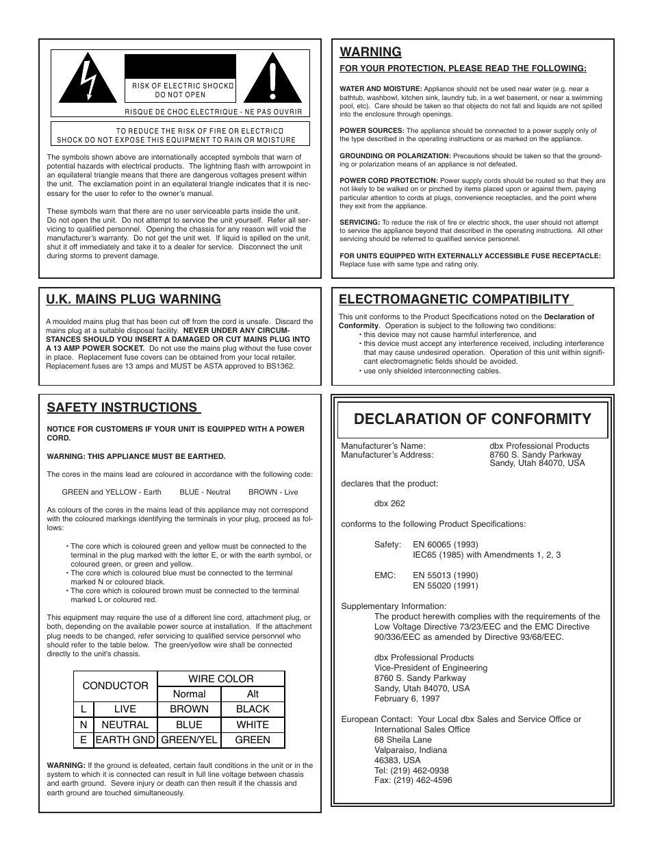 Declaration of conformity, Warning, Safety instructions | U.k. mains plug warning, Electromagnetic compatibility | dbx Pro 262 User Manual | Page 2 / 16