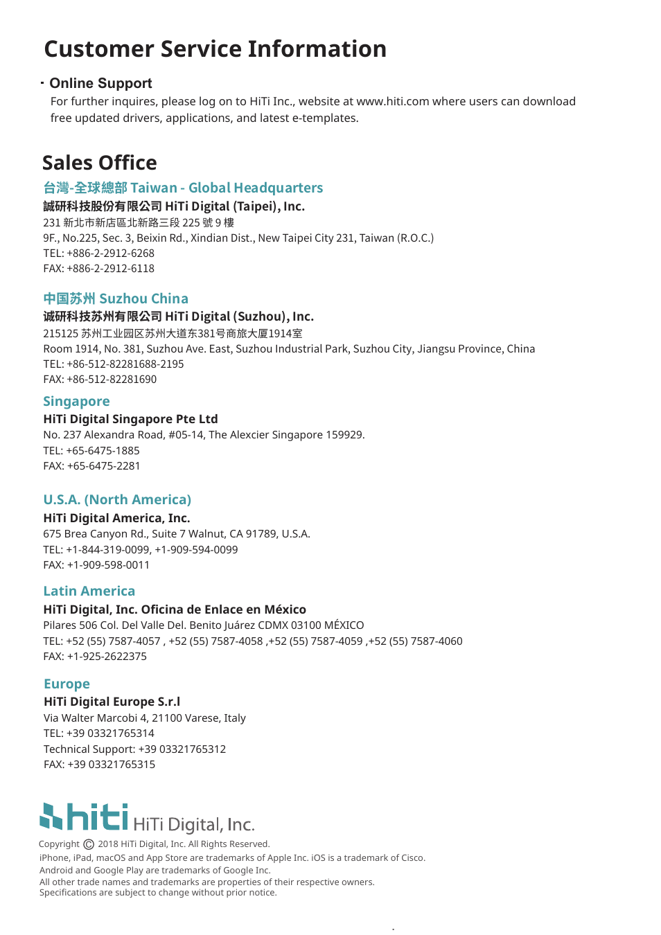 Company, Customer service information, Sales oﬃce | HiTi P525L Photo Printer User Manual | Page 125 / 275