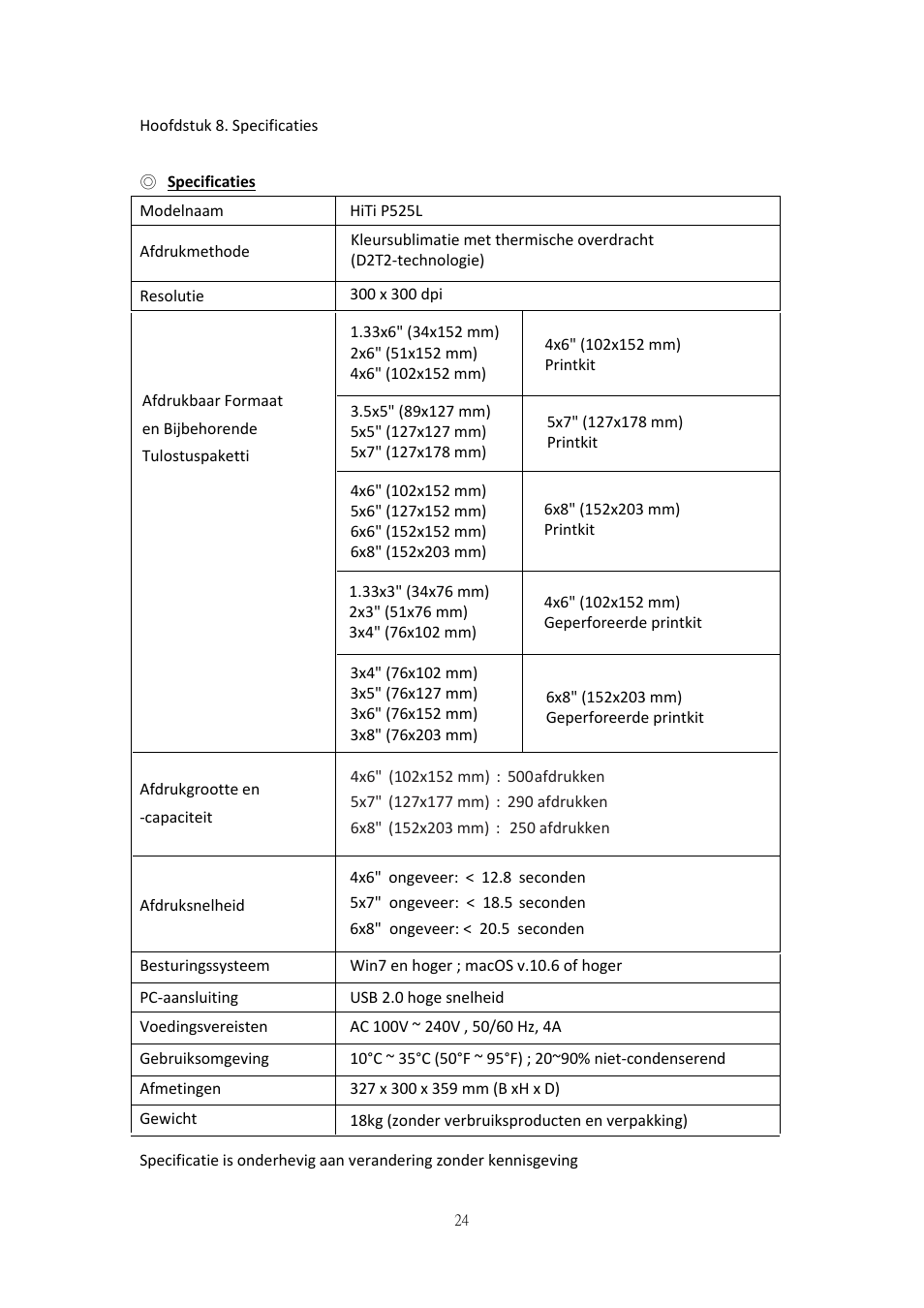 Hoofdstuk 8. specificaties, Specificaties | HiTi P525L Photo Printer User Manual | Page 199 / 275