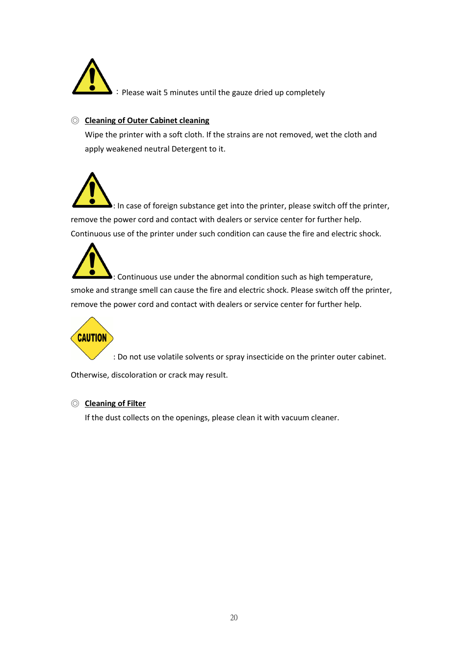 Cleaning of outer cabinet cleaning, Cleaning of filter, Chapter 7. error message handling | HiTi P525L Photo Printer User Manual | Page 20 / 275