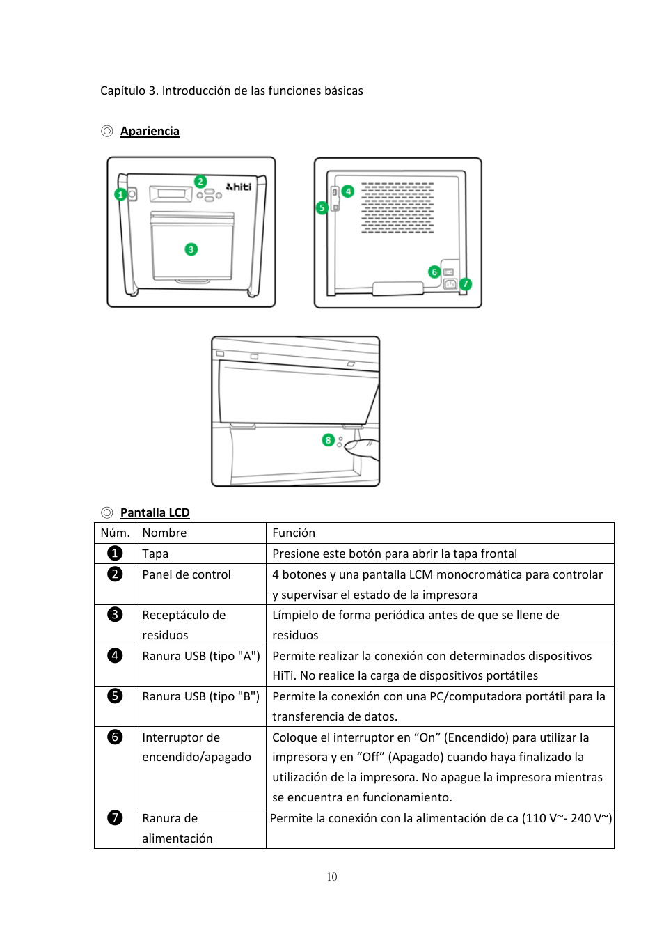 Capítulo 3. introducción de las funciones básicas, Apariencia, Pantalla lcd | HiTi P525L Photo Printer User Manual | Page 36 / 275