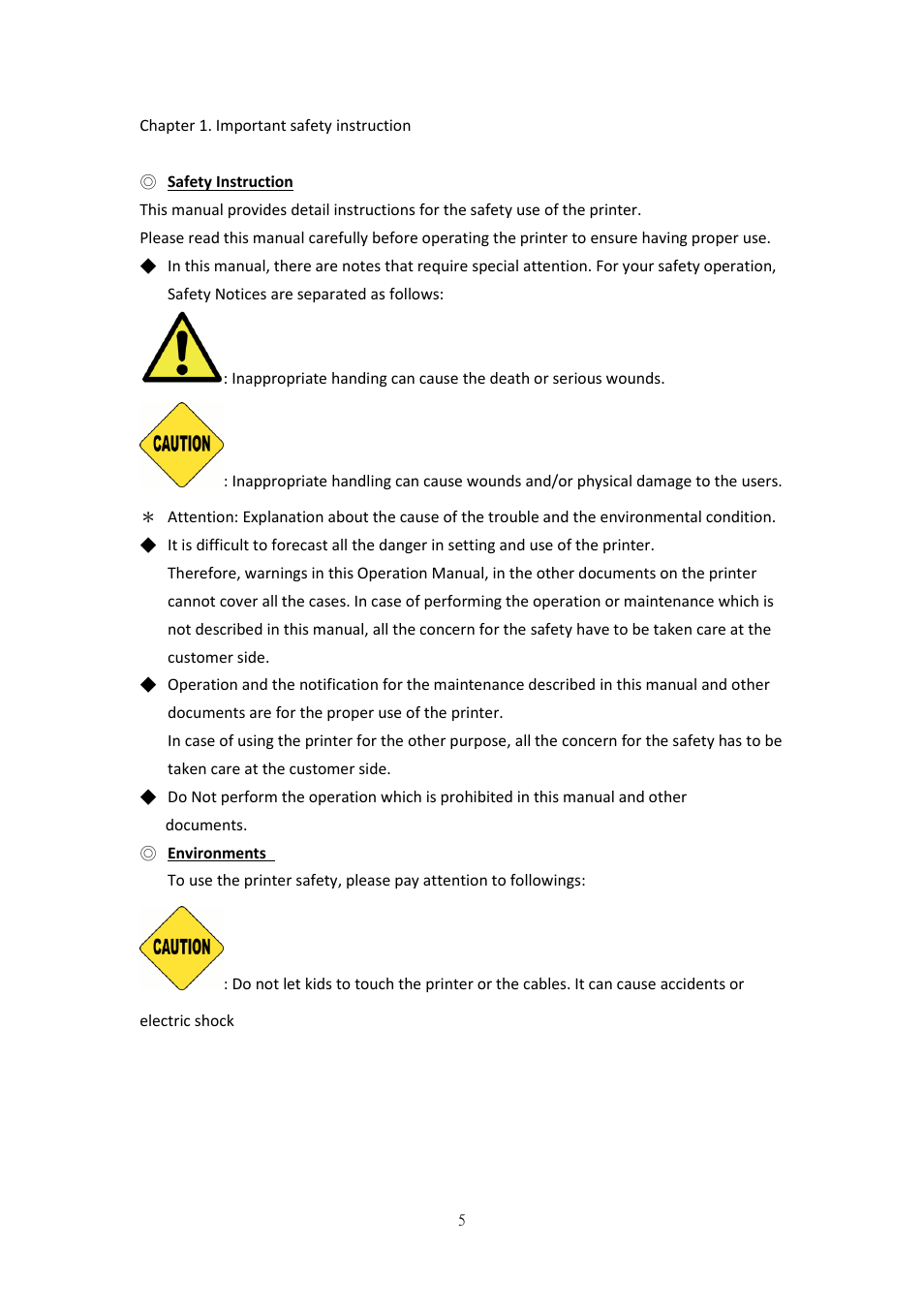 Safety instruction, Environments | HiTi P525L Photo Printer User Manual | Page 5 / 275