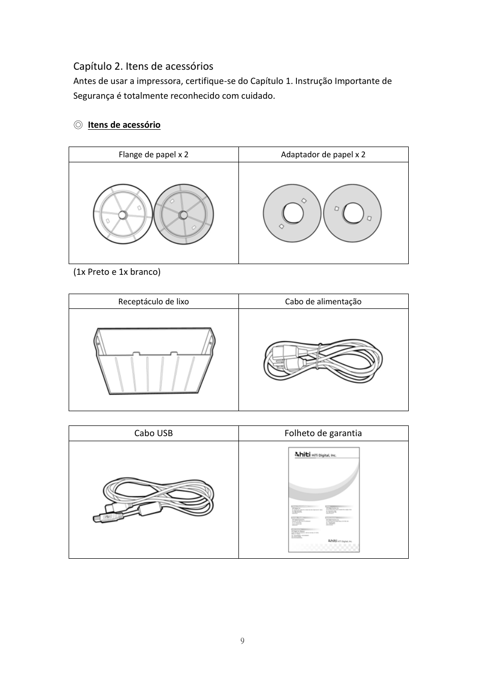 Capítulo 2. itens de acessórios, Itens de acessório | HiTi P525L Photo Printer User Manual | Page 62 / 275