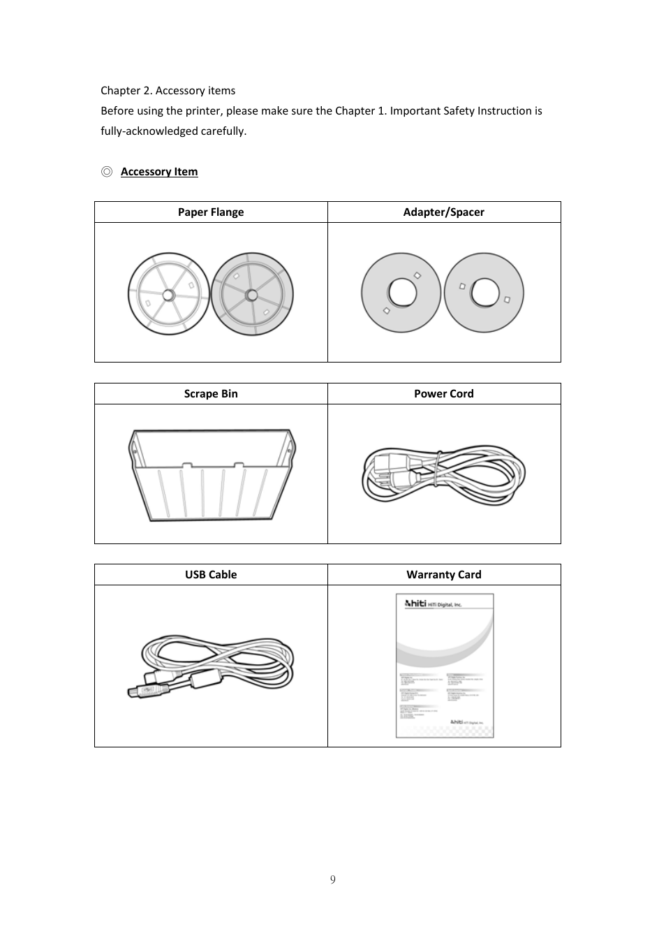 Accessory item, Chapter 3. basic functions introduction | HiTi P525L Photo Printer User Manual | Page 9 / 275