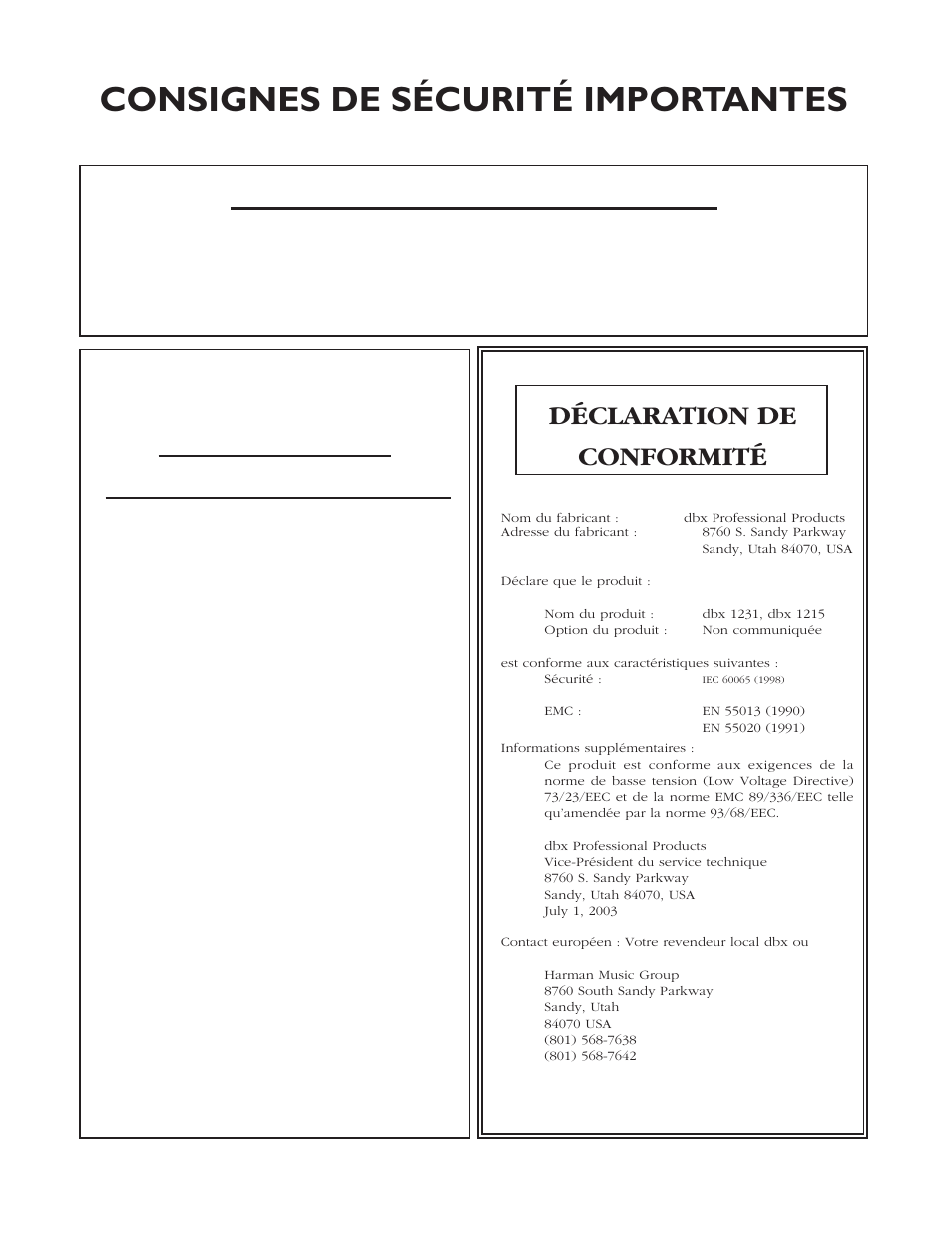 U.k. mains plug warning, Déclaration de conformité | dbx Pro 12 Series User Manual | Page 13 / 44