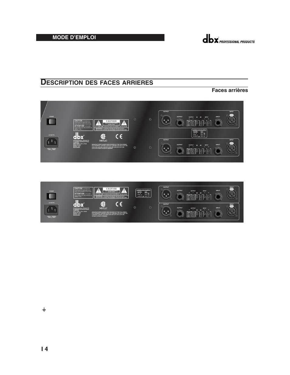 Escription des faces arrieres, Faces arrières, Mode d’emploi | dbx Pro 12 Series User Manual | Page 18 / 44