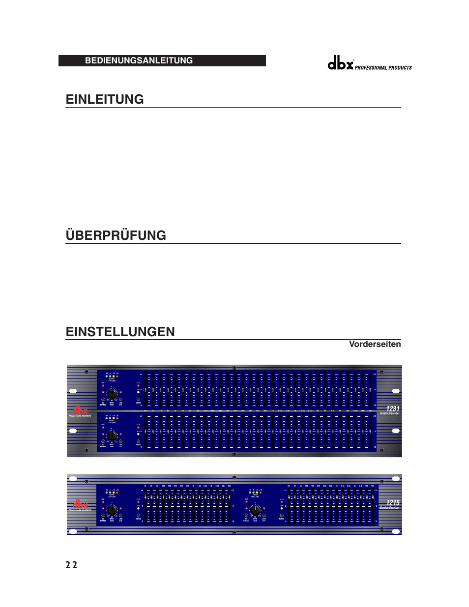 Einleitung, Überprüfung, Einstellungen | Vorderseiten, Bedienungsanleitung | dbx Pro 12 Series User Manual | Page 26 / 44