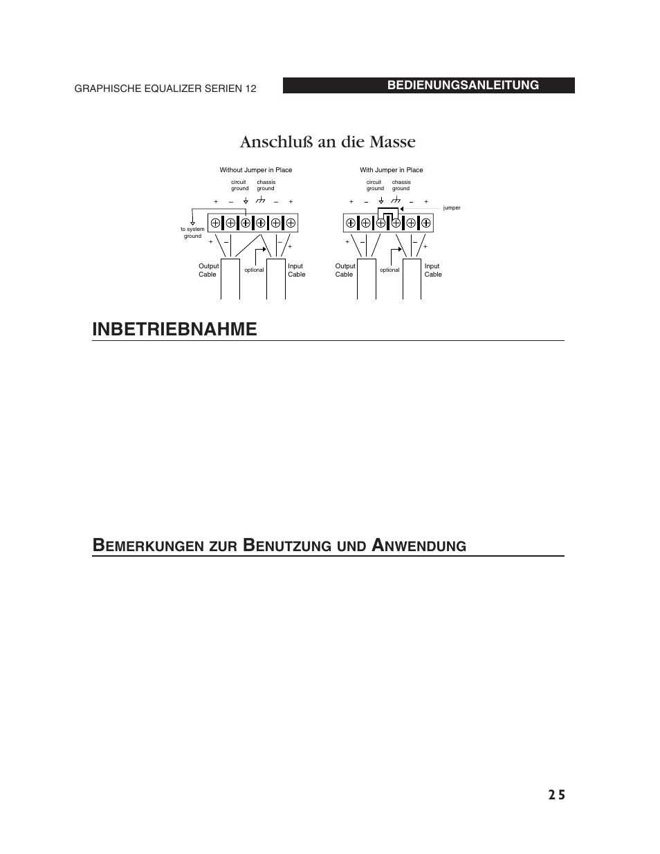 Inbetriebnahme, Anschluß an die masse, Emerkungen zur | Enutzung und, Nwendung, Bedienungsanleitung | dbx Pro 12 Series User Manual | Page 29 / 44