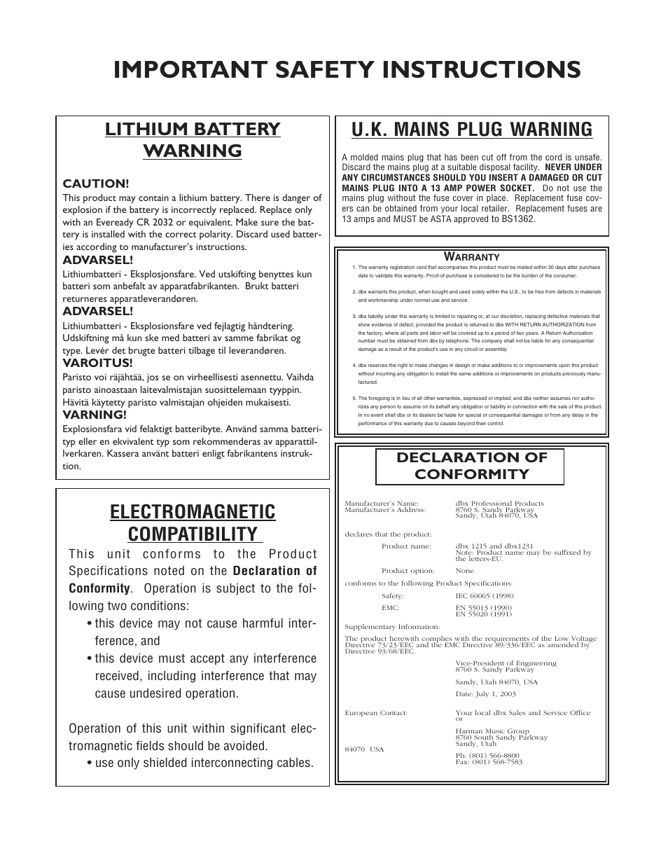 Important safety instructions, U.k. mains plug warning, Lithium battery warning | Electromagnetic compatibility, Declaration of conformity, Caution, Advarsel, Varoitus, Varning | dbx Pro 12 Series User Manual | Page 3 / 44