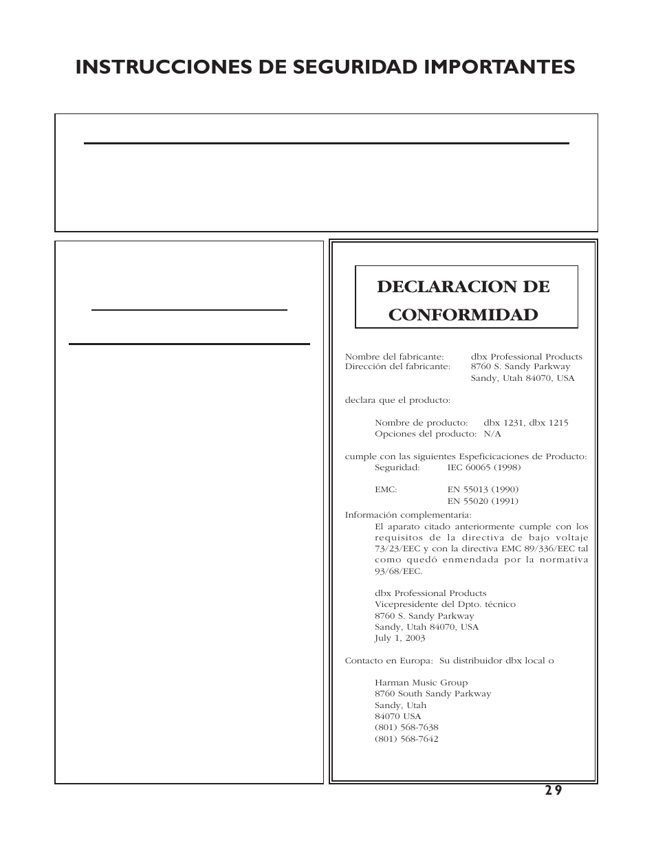 Aviso acerca del enchufe para u.k, Compatibilidad electromagnetica, Instrucciones de seguridad importantes | Declaracion de conformidad | dbx Pro 12 Series User Manual | Page 33 / 44