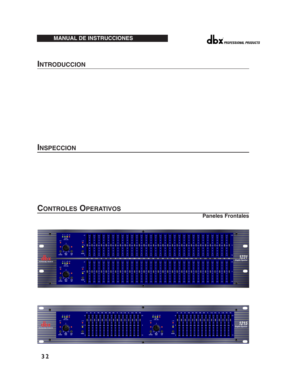 Ntroduccion, Nspeccion, Ontroles | Perativos, Paneles frontales, Manual de instrucciones | dbx Pro 12 Series User Manual | Page 36 / 44