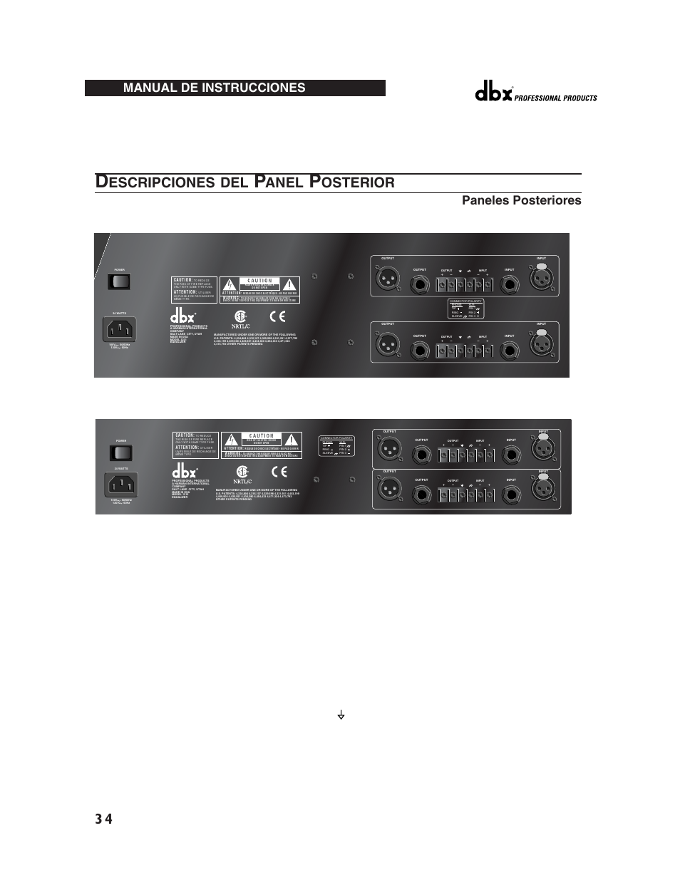 Escripciones del, Anel, Osterior | Paneles posteriores, Manual de instrucciones | dbx Pro 12 Series User Manual | Page 38 / 44