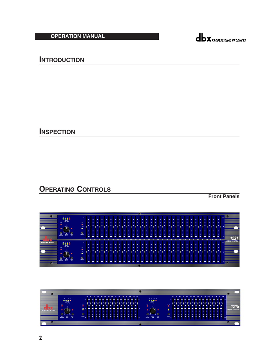 Ntroduction, Nspection, Perating | Ontrols, Front panels, Operation manual | dbx Pro 12 Series User Manual | Page 6 / 44