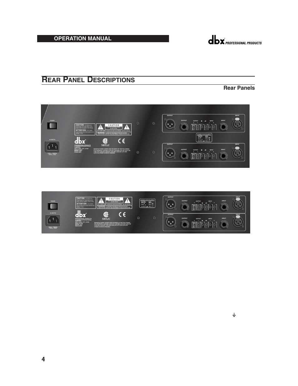 Anel, Escriptions, Rear panels | Operation manual | dbx Pro 12 Series User Manual | Page 8 / 44