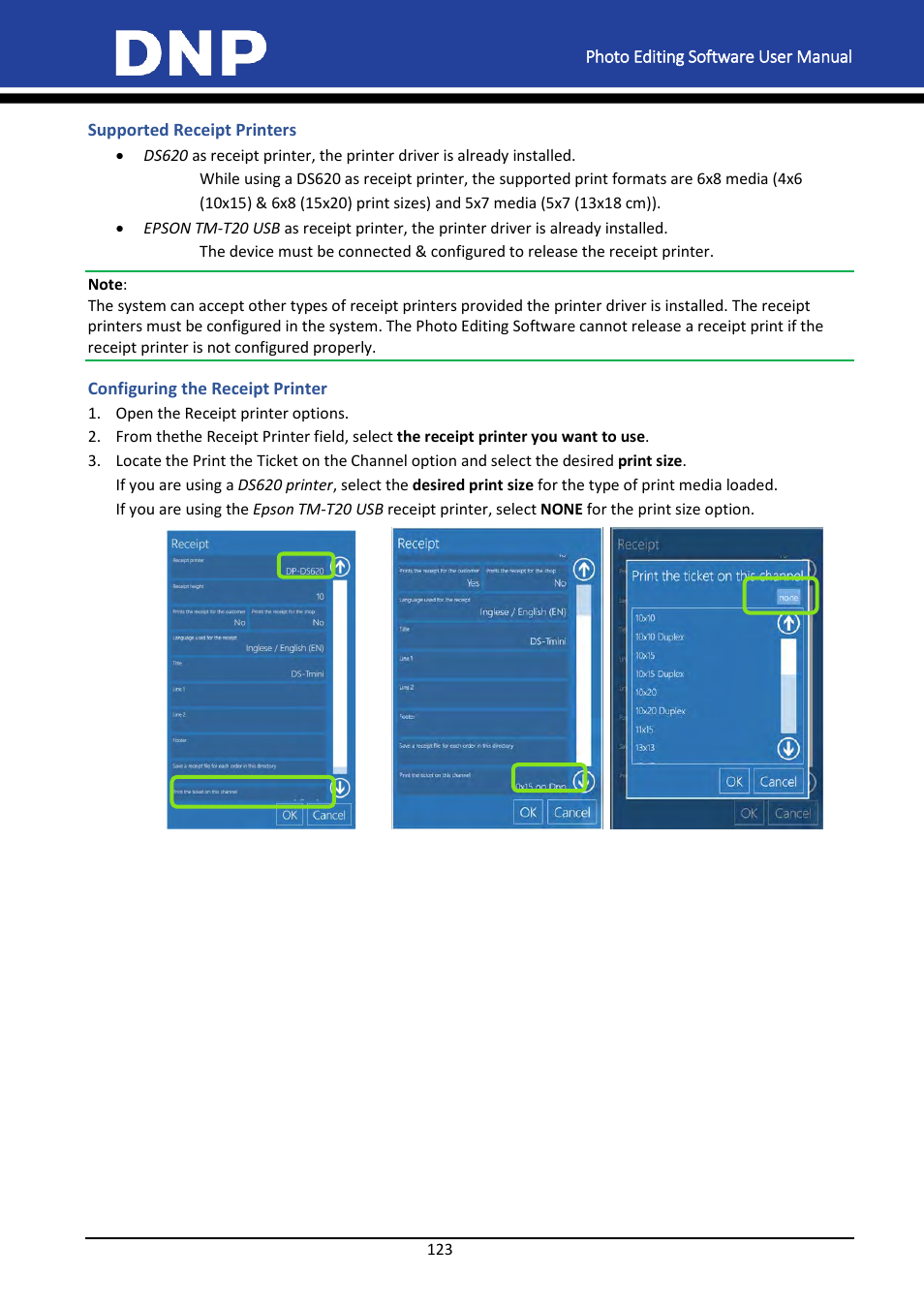 Supported receipt printers, Configuring the receipt printer | DNP DS-Tmini Kiosk Order Terminal User Manual | Page 123 / 194