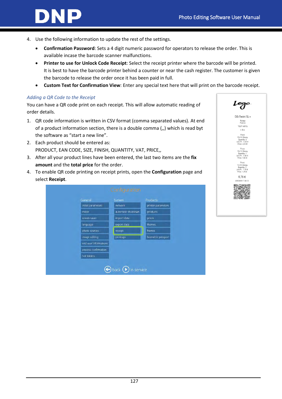 Adding a qr code to the receipt | DNP DS-Tmini Kiosk Order Terminal User Manual | Page 127 / 194