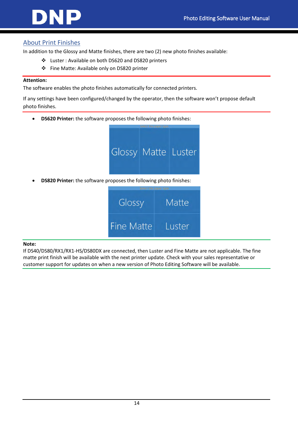 About print finishes | DNP DS-Tmini Kiosk Order Terminal User Manual | Page 14 / 194
