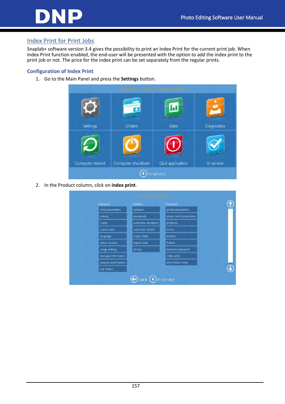 Index print for print jobs, Configuration of index print | DNP DS-Tmini Kiosk Order Terminal User Manual | Page 157 / 194