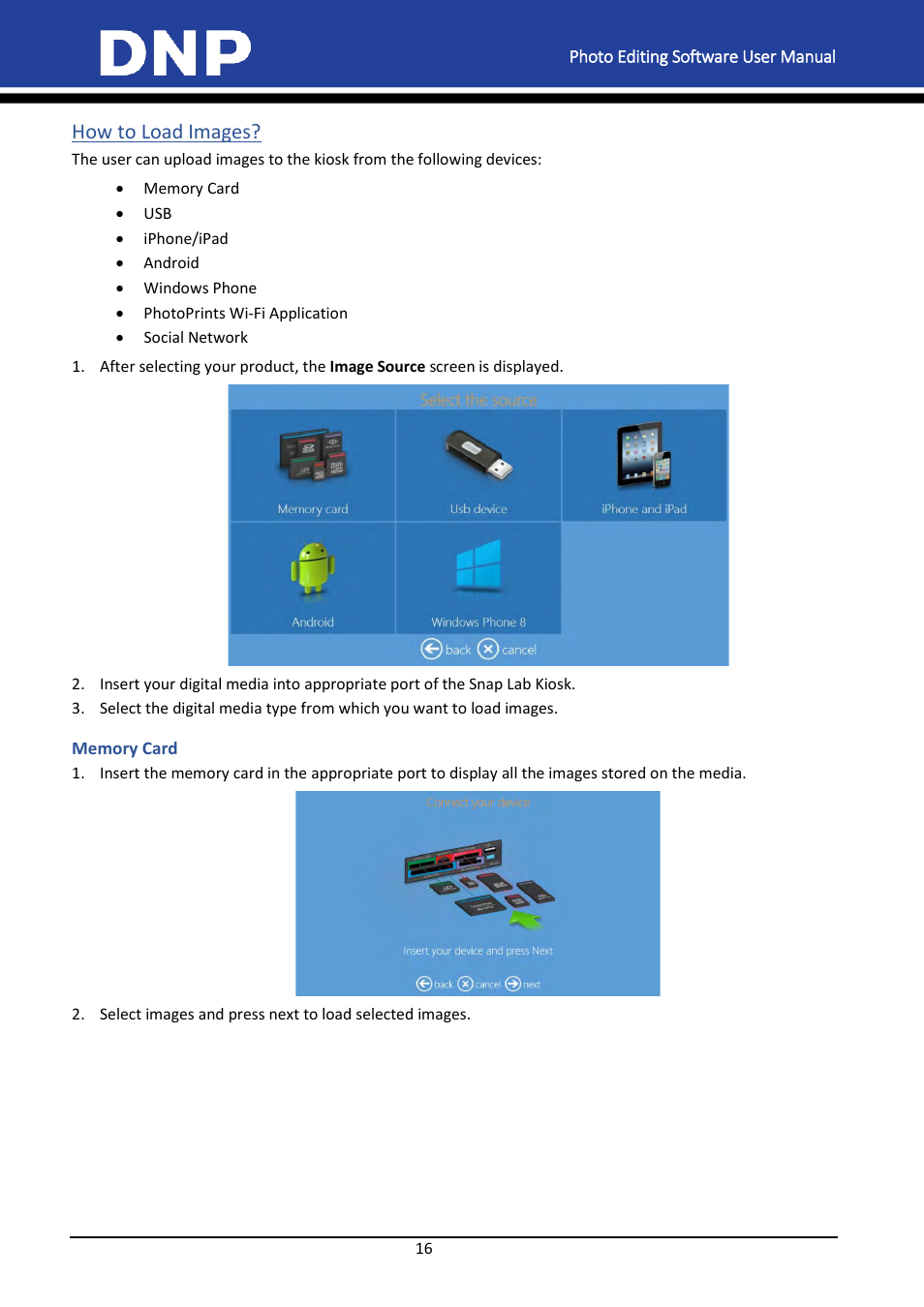 How to load images, Memory card | DNP DS-Tmini Kiosk Order Terminal User Manual | Page 16 / 194