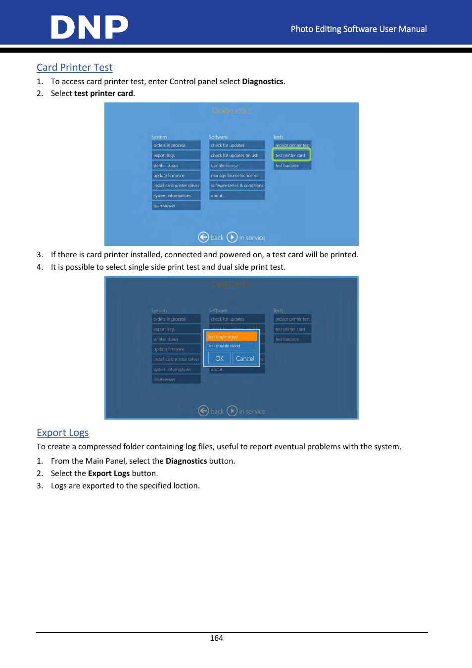 Card printer test, Export logs, Card printer test export logs | DNP DS-Tmini Kiosk Order Terminal User Manual | Page 164 / 194