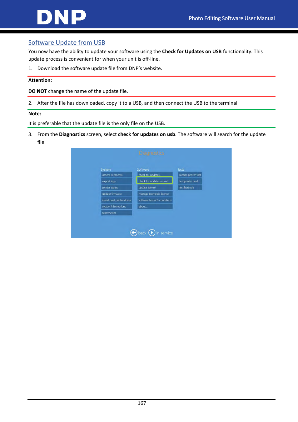 Software update from usb | DNP DS-Tmini Kiosk Order Terminal User Manual | Page 167 / 194