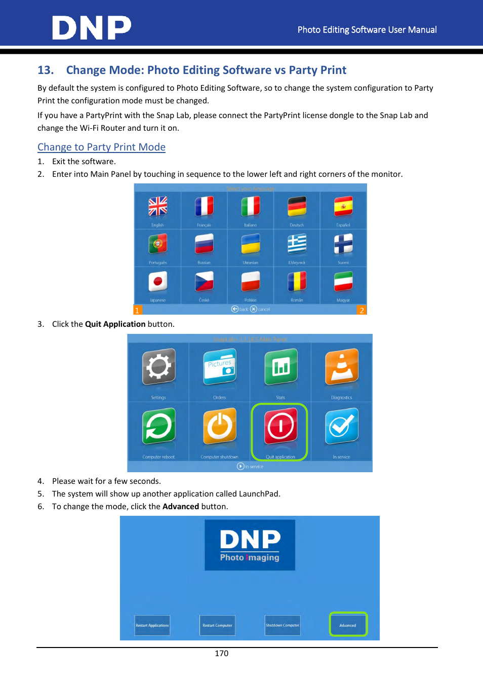Change mode: photo editing software vs party print, Change to party print mode | DNP DS-Tmini Kiosk Order Terminal User Manual | Page 170 / 194