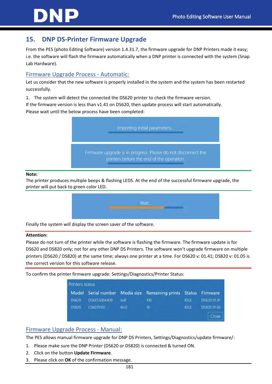 Dnp ds-printer firmware upgrade, Firmware upgrade process - automatic, Firmware upgrade process - manual | DNP DS-Tmini Kiosk Order Terminal User Manual | Page 181 / 194