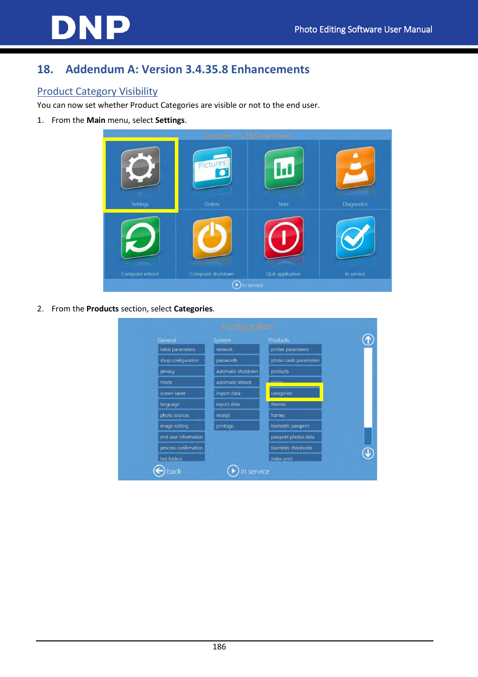 Addendum a: version 3.4.35.8 enhancements, Product category visibility | DNP DS-Tmini Kiosk Order Terminal User Manual | Page 186 / 194