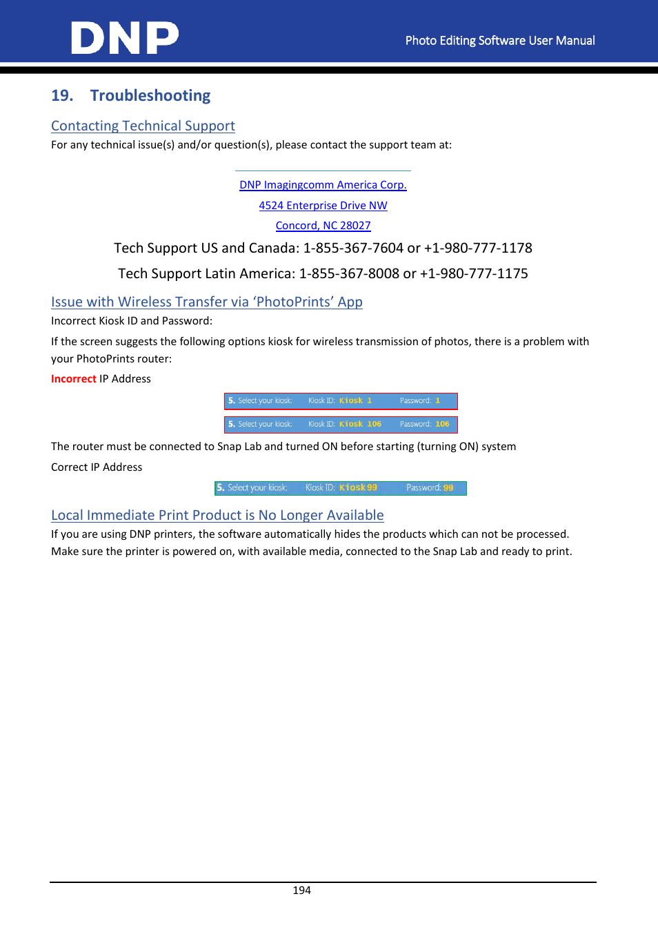 Troubleshooting, Contacting technical support, Issue with wireless transfer via ‘photoprints’ app | DNP DS-Tmini Kiosk Order Terminal User Manual | Page 194 / 194