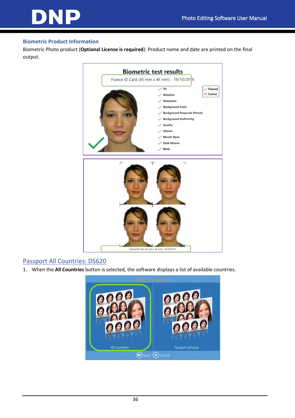 Biometric product information, Passport all countries: ds620 | DNP DS-Tmini Kiosk Order Terminal User Manual | Page 36 / 194