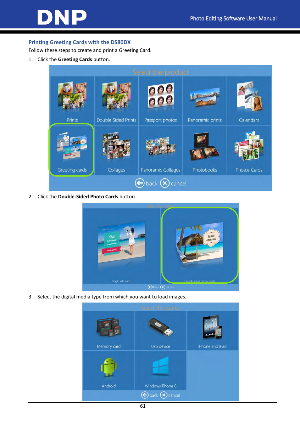 Printing greeting cards with the ds80dx | DNP DS-Tmini Kiosk Order Terminal User Manual | Page 61 / 194