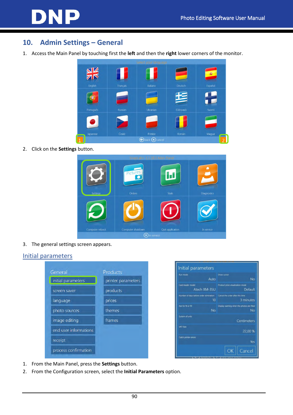 Admin settings – general, Initial parameters | DNP DS-Tmini Kiosk Order Terminal User Manual | Page 90 / 194
